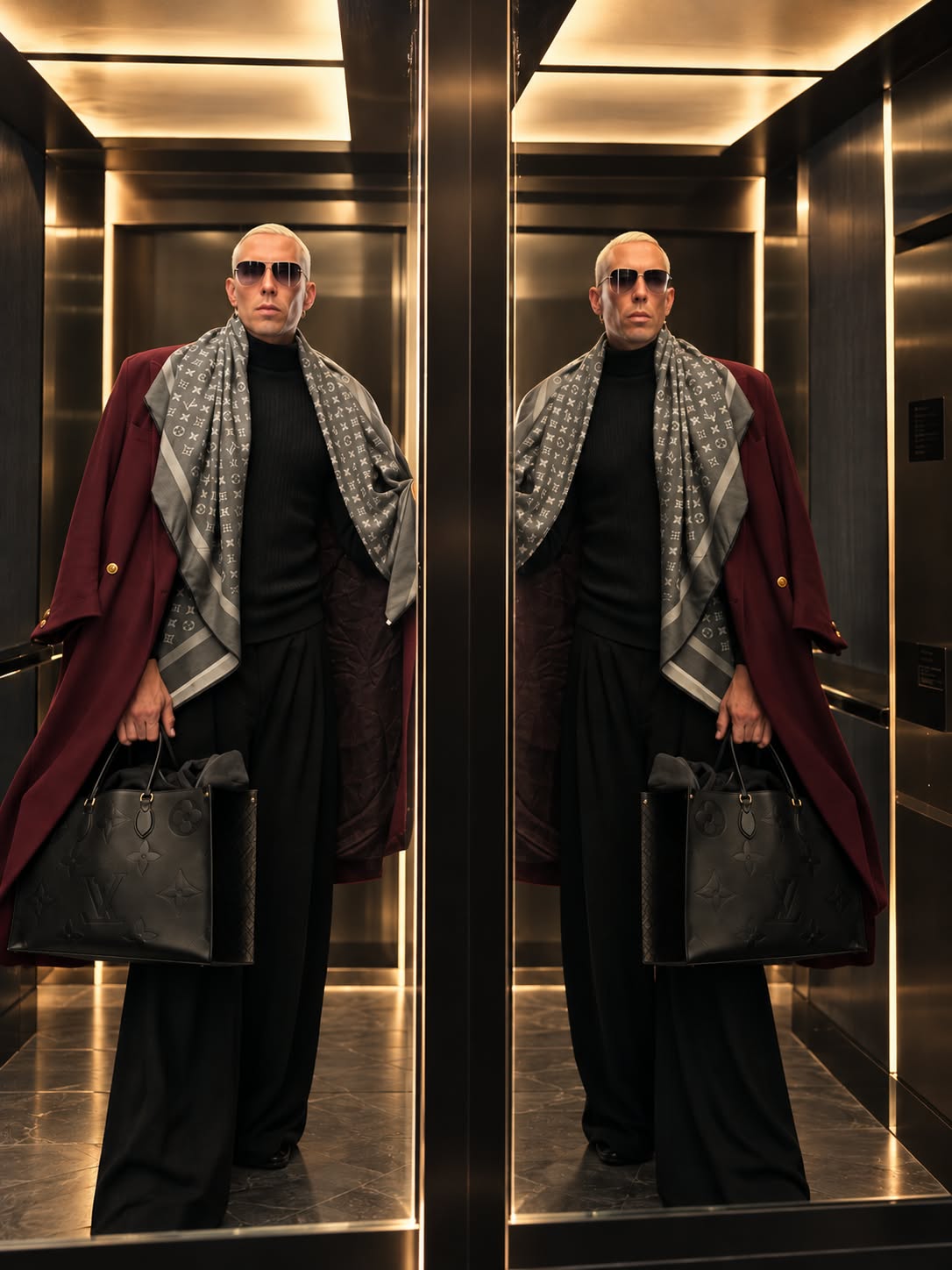 Christopher Macken in a burgundy coat and grey scarf, reflected in a mirrored lift